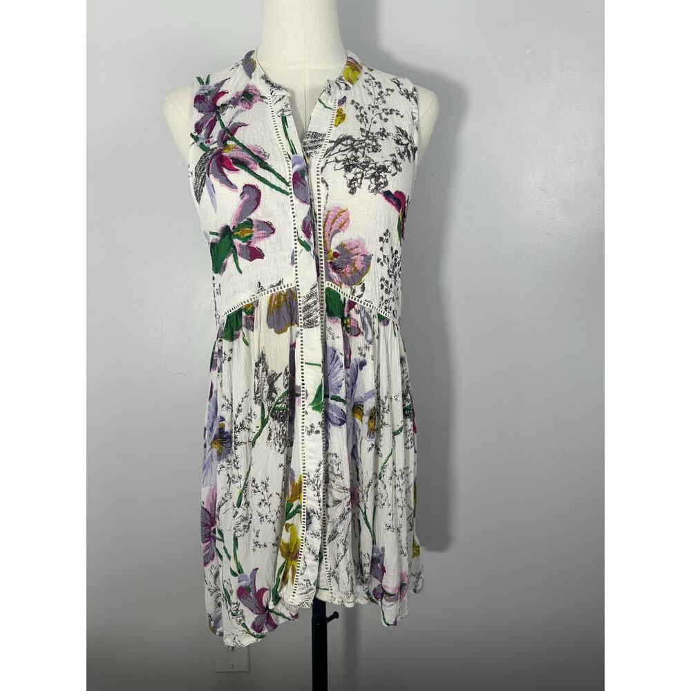 Anthropologie Nia Floral Tunic Top S White Purple Ladder Lace Boho Cottagecore